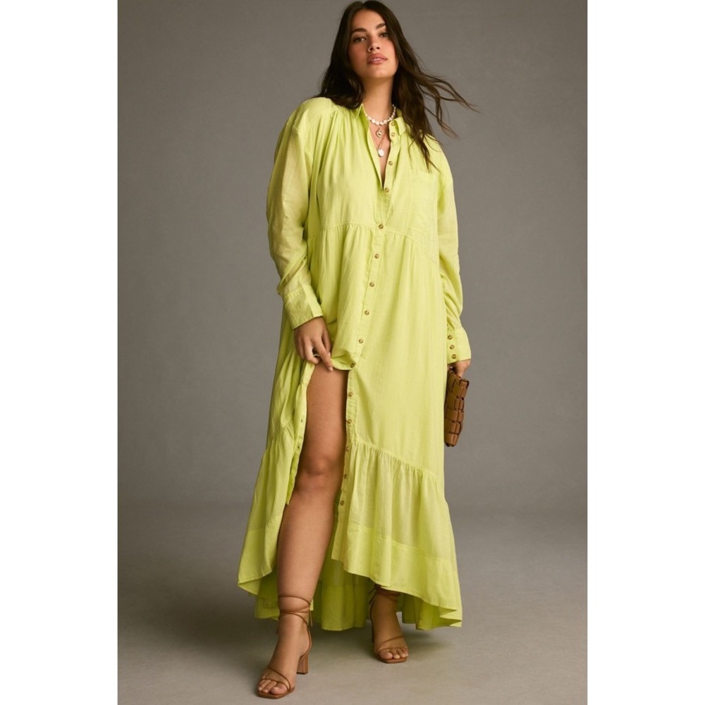 Pilcro Tiered V-Neck Shirt Dress Anthropologie Lime Yellow Sunshine Boho Size M